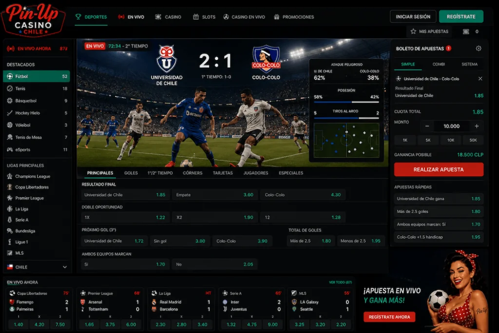 Partido de fútbol en vivo con interfaz de apuestas deportivas y cuotas actualizadas en tiempo real.
