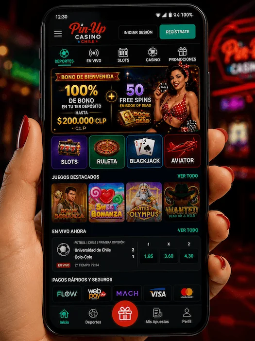 Aplicación de Pin Up Casino funcionando en smartphone Android con juegos y apuestas deportivas.