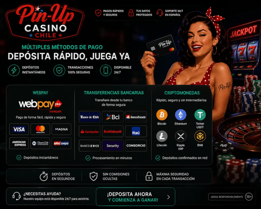 Opciones de pago con WebPay, transferencias bancarias y criptomonedas para depósitos rápidos y seguros.