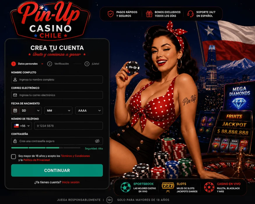 Formulario de registro de usuario en Pin Up Casino Chile con proceso de creación de cuenta.
